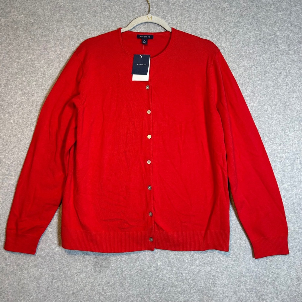 New Lands' End Cardigan Women XL Berry Red Button Front Crew Neck Preppy Classic